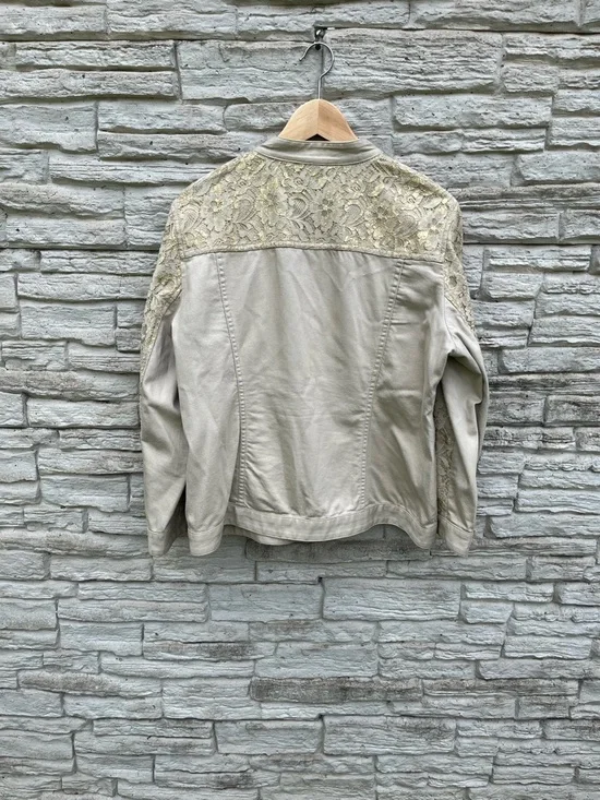 Chico’s Gold Lace Jacket Size 2 Open Front Beige Blazer Textured Cotton Blend - Picture 5 of 6